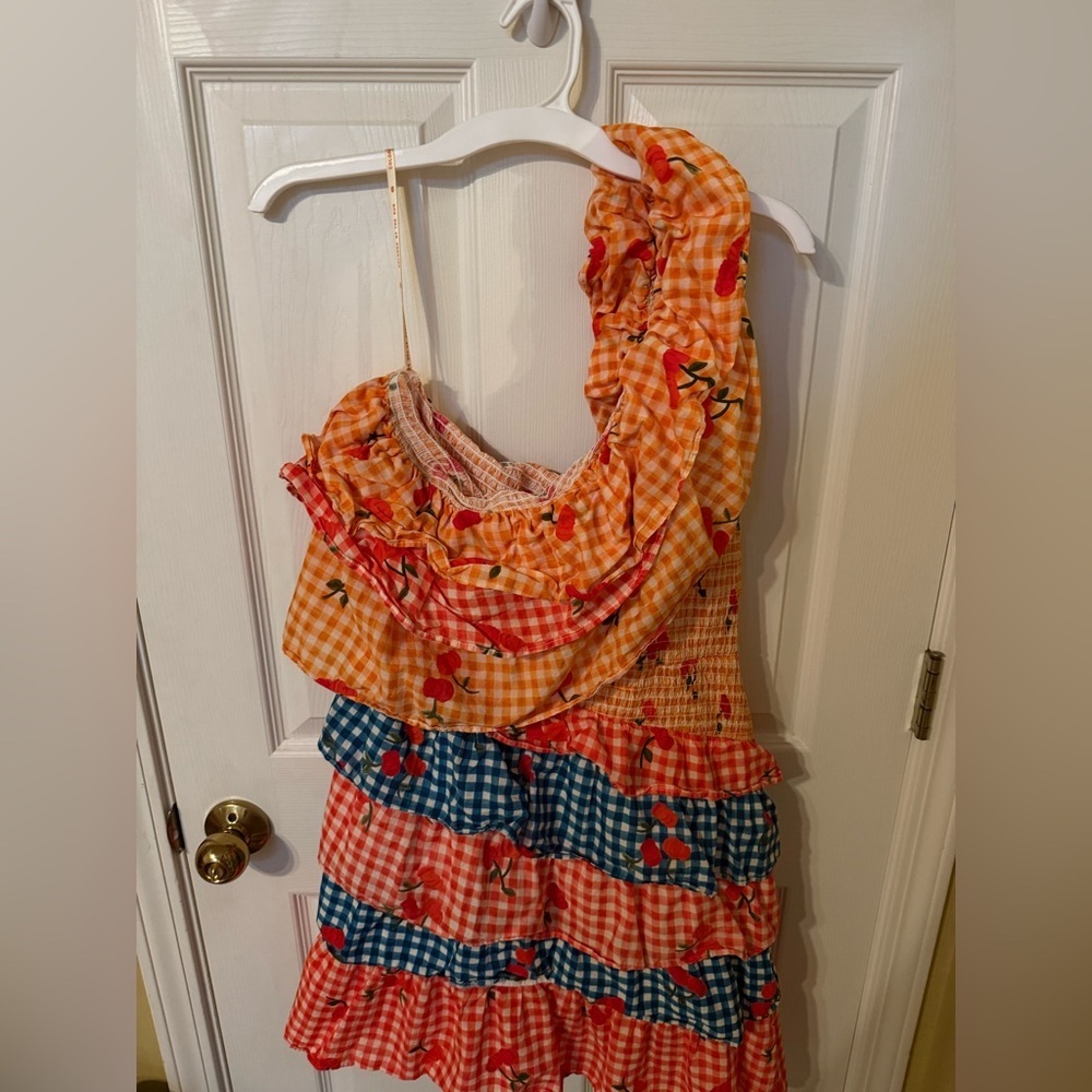 FARM RIO ONE SHOULDER CHERRY MINI DRESS size large - Picture 3 of 6